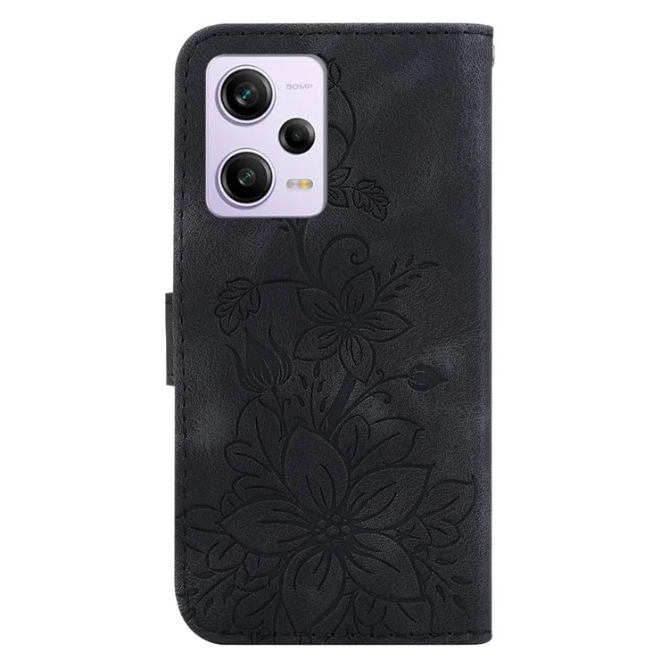 For Xiaomi Redmi Note 12 Pro 5G / 12 Pro Speed 5G / Poco X5 Pro 5G Wallet Case Imprinted Lily Flower Leather Stand Phone Cover - Black