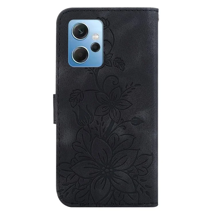 Für Xiaomi Redmi Note 12 4G Wallet Stand Phone Case PU Leder Eingeprägte Lilie Blume Telefonabdeckung - Schwarz