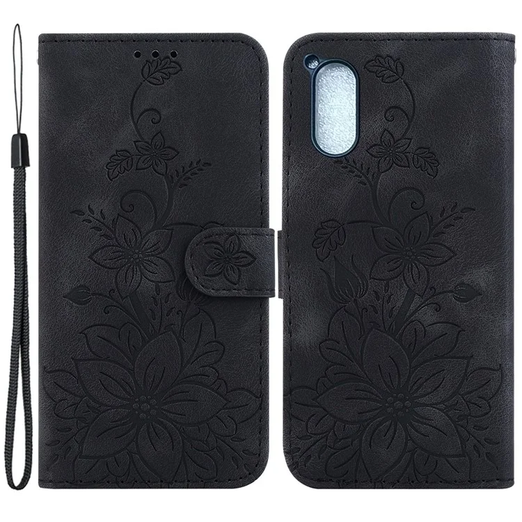 Per Sony Xperia 5 V Custodia in fiori impressa Lily Cover per telefono Slim-Fit in pelle PU Portafoglio Stand Shell - Nero