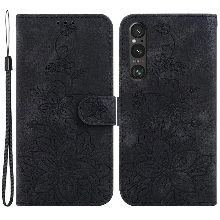 Per Sony Xperia 1 V Wallet Stand Phone Case Imprinted Lily Flower Shockproof PU Leather Cover - Black