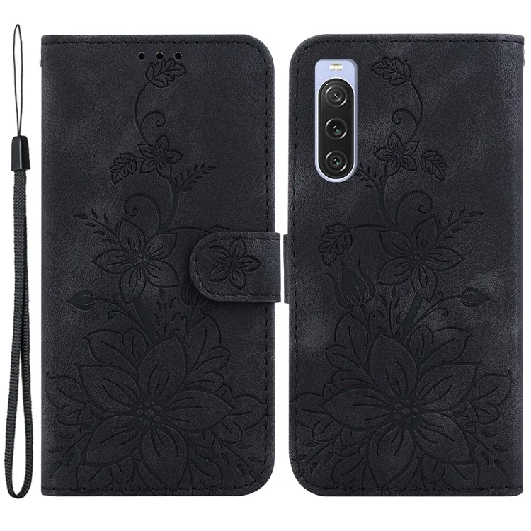 Para Sony Xperia 10 V Funda de teléfono a prueba de golpes de cuero PU con estampado de flor de lirio Cubierta de billetera Soporte de pie - Negro