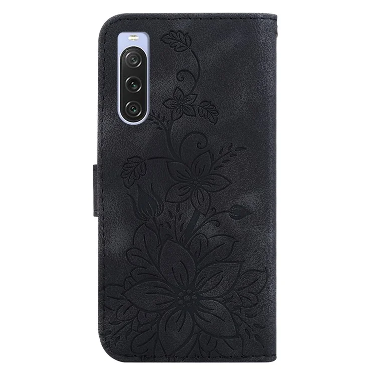 Para Sony Xperia 10 V Funda de teléfono a prueba de golpes de cuero PU con estampado de flor de lirio Cubierta de billetera Soporte de pie - Negro