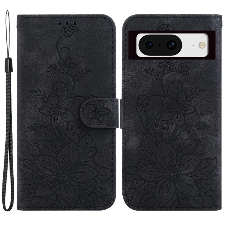 For Google Pixel 8 Phone Case Imprinted Lily Flower Cover Shockproof PU Leather Wallet Stand Shell - Black