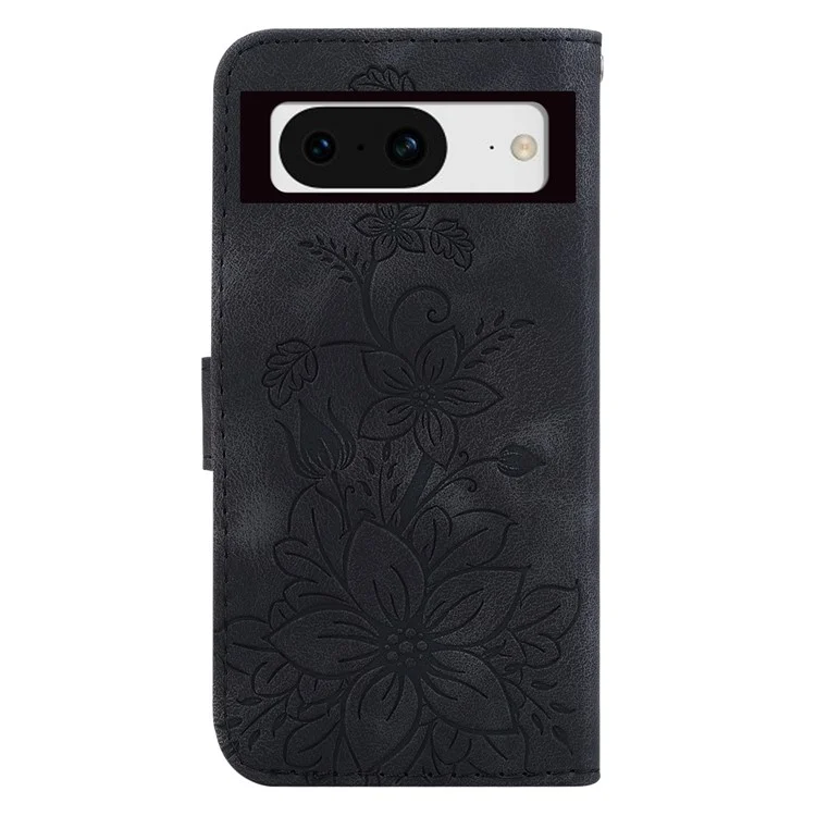 For Google Pixel 8 Phone Case Imprinted Lily Flower Cover Shockproof PU Leather Wallet Stand Shell - Black