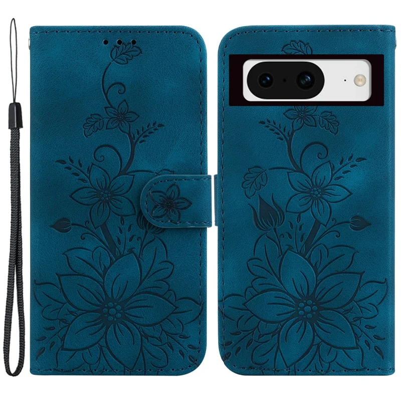 For Google Pixel 8 Phone Case Imprinted Lily Flower Cover Shockproof PU Leather Wallet Stand Shell - Dark Blue