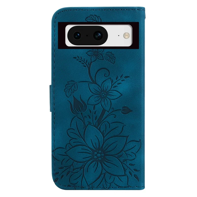 For Google Pixel 8 Phone Case Imprinted Lily Flower Cover Shockproof PU Leather Wallet Stand Shell - Dark Blue