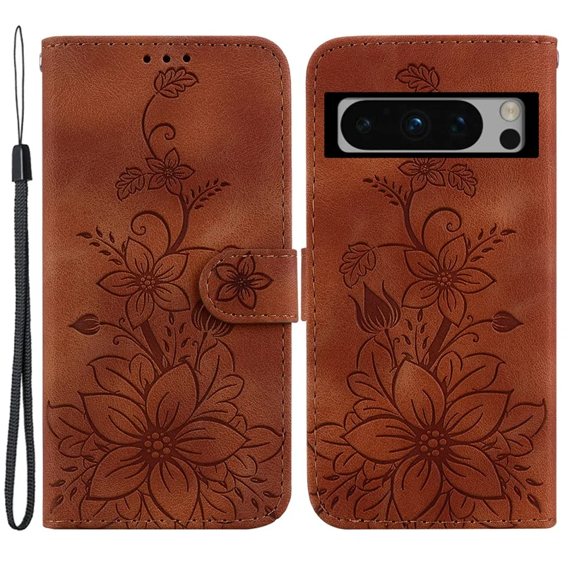 For Google Pixel 8 Pro PU Leather Wallet Phone Case Lily Flower Imprint Anti-fall Stand Shell - Brown