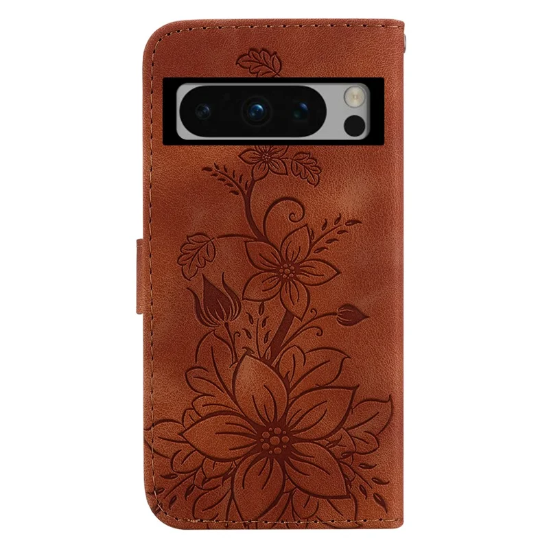 For Google Pixel 8 Pro PU Leather Wallet Phone Case Lily Flower Imprint Anti-fall Stand Shell - Brown