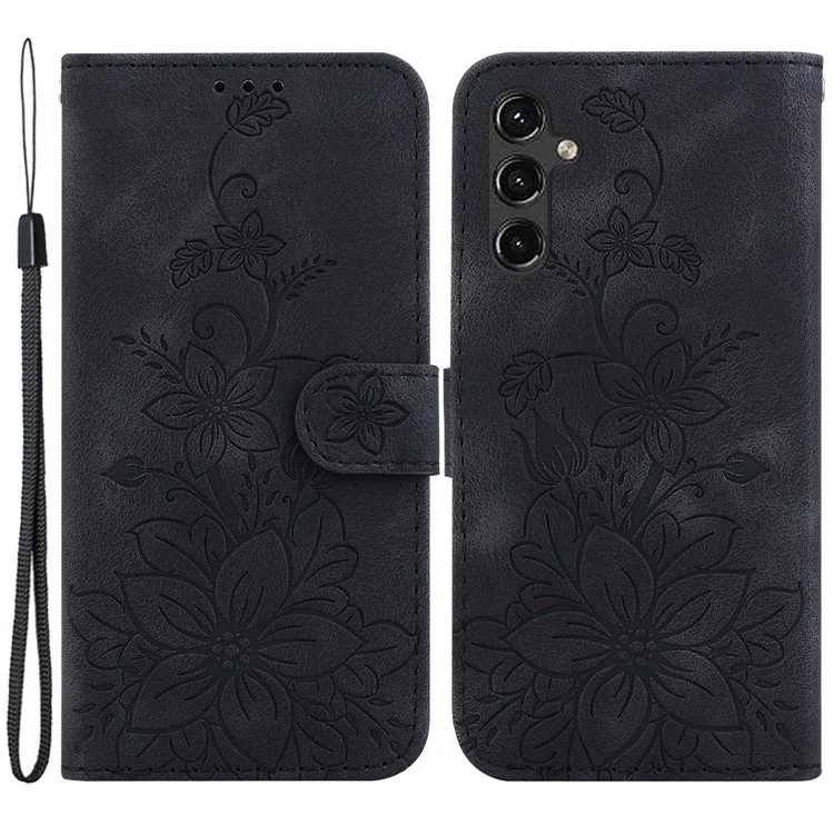 For Samsung Galaxy A14 5G / A14 4G Imprinted Lily Flower Leather Cover Flip Stand Wallet Phone Case - Black