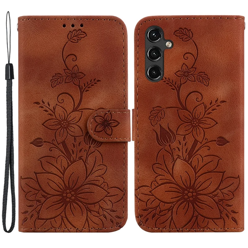 For Samsung Galaxy A14 5G / A14 4G Imprinted Lily Flower Leather Cover Flip Stand Wallet Phone Case - Brown