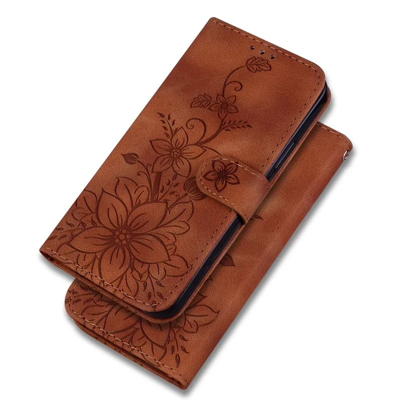 For Samsung Galaxy A14 5G / A14 4G Imprinted Lily Flower Leather Cover Flip Stand Wallet Phone Case - Brown