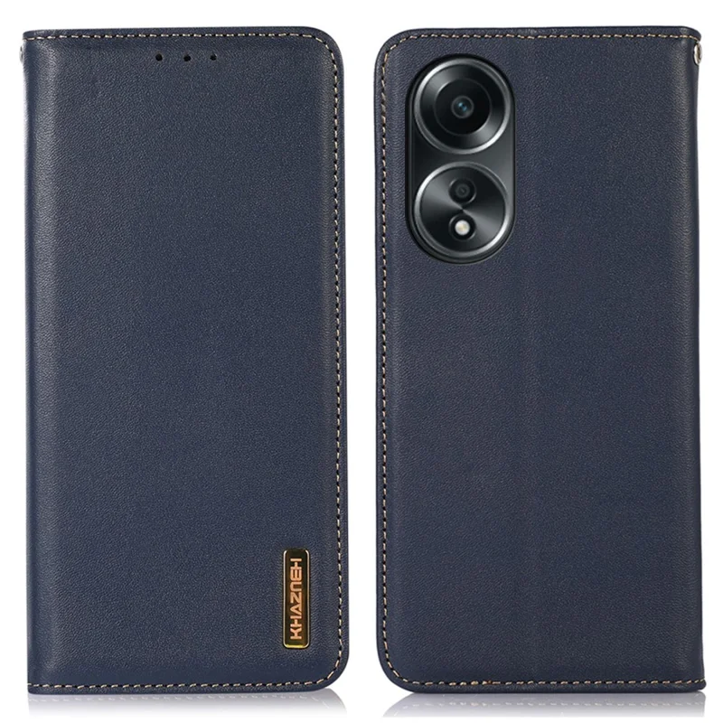 KHAZNEH Pour Oppo A58 4G Étui de téléphone à blocage RFID en cuir véritable de vache avec support de portefeuille - Bleu