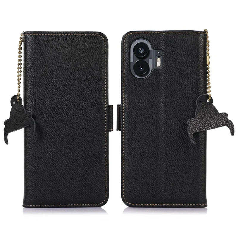 For Nothing Phone (2) Genuine Cow Leather Phone Case RFID Blocking Litchi Texture Wallet Stand Cover - Black