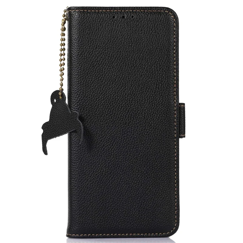 For Nothing Phone (2) Genuine Cow Leather Phone Case RFID Blocking Litchi Texture Wallet Stand Cover - Black