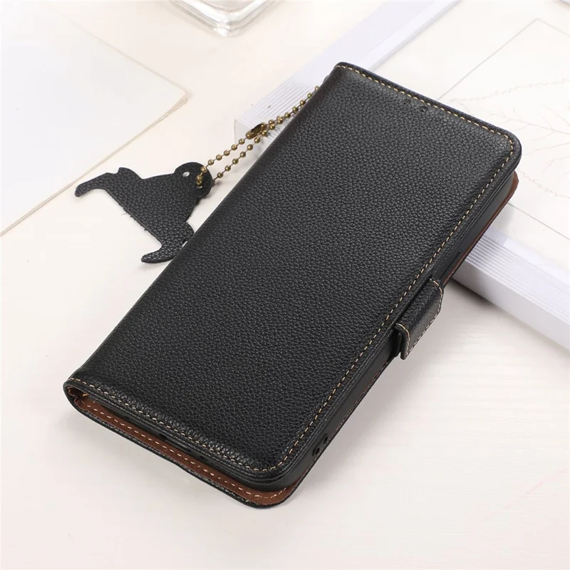 For Nothing Phone (2) Genuine Cow Leather Phone Case RFID Blocking Litchi Texture Wallet Stand Cover - Black