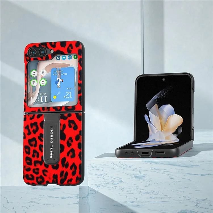 ABEEL For Samsung Galaxy Z Flip5 5G PU Leather+PC Kickstand Cover Leopard Pattern Phone Case - Red