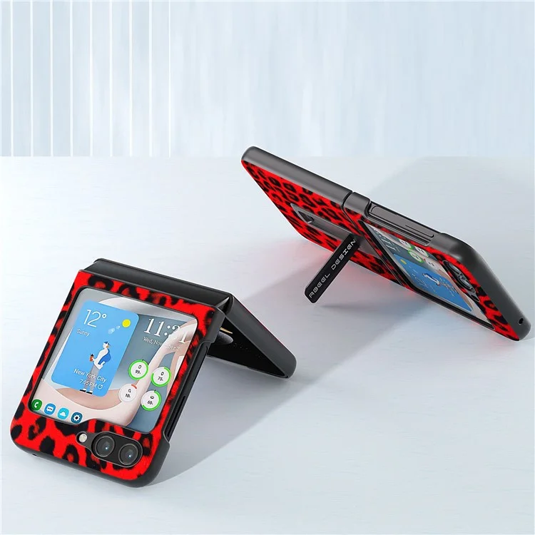 ABEEL For Samsung Galaxy Z Flip5 5G PU Leather+PC Kickstand Cover Leopard Pattern Phone Case - Red