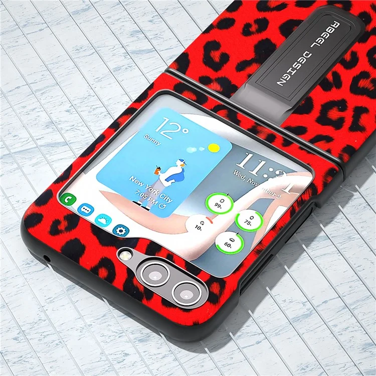 ABEEL For Samsung Galaxy Z Flip5 5G PU Leather+PC Kickstand Cover Leopard Pattern Phone Case - Red