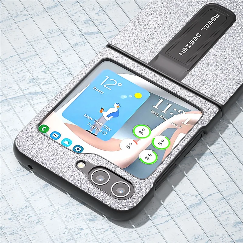 ABEEL For Samsung Galaxy Z Flip5 5G Rhinestone Texture Back Cover PU Leather+PC Kickstand Phone Case - Silver