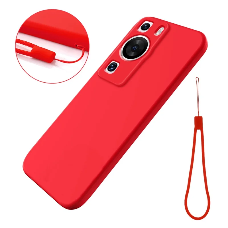 Pour Huawei P60 Pro / P60 Étui de téléphone en silicone liquide anti-rayures Doublure douce Étui de téléphone antichoc avec dragonne - Rouge