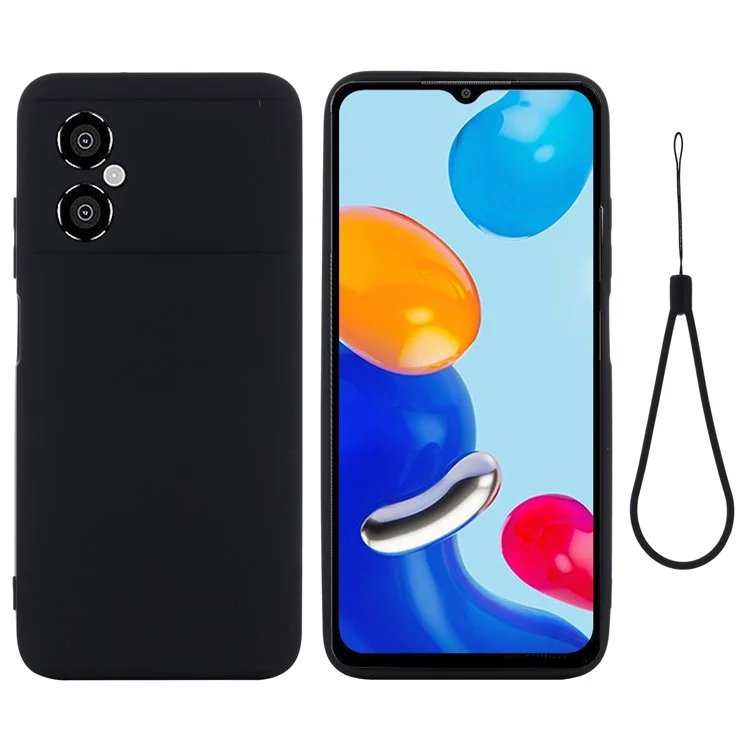 Для Xiaomi Redmi Note 11R 5G Slim-Fit Phone Shell Liquid Silicone Soft Lining Phone Case Cover with Strap - Black