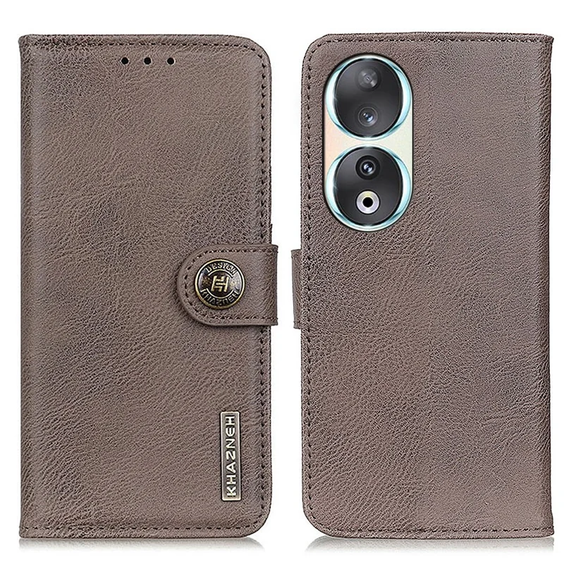 KHAZNEH For Honor 90 PU Leather Phone Cover Anti-Scratch Cowhide Texture Case with Stand Wallet - Khaki