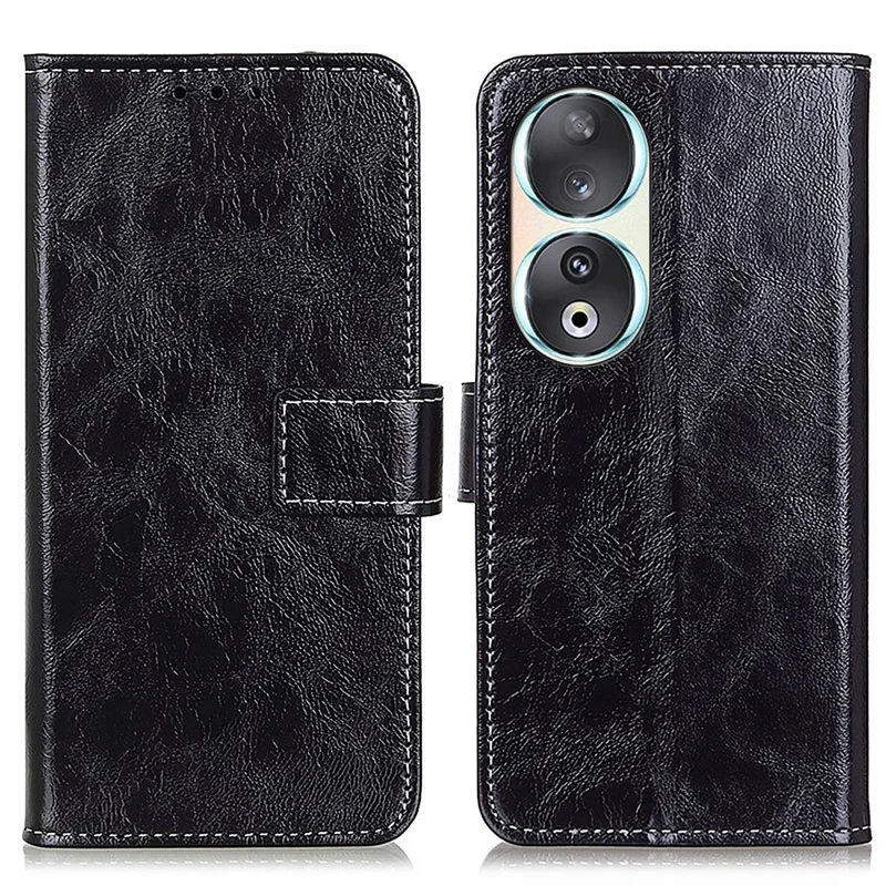 For Honor 90 Capa a Prova de Choque Textura Crazy Horse PU Leather Shell Stand Wallet Retro Phone Cover - Preto