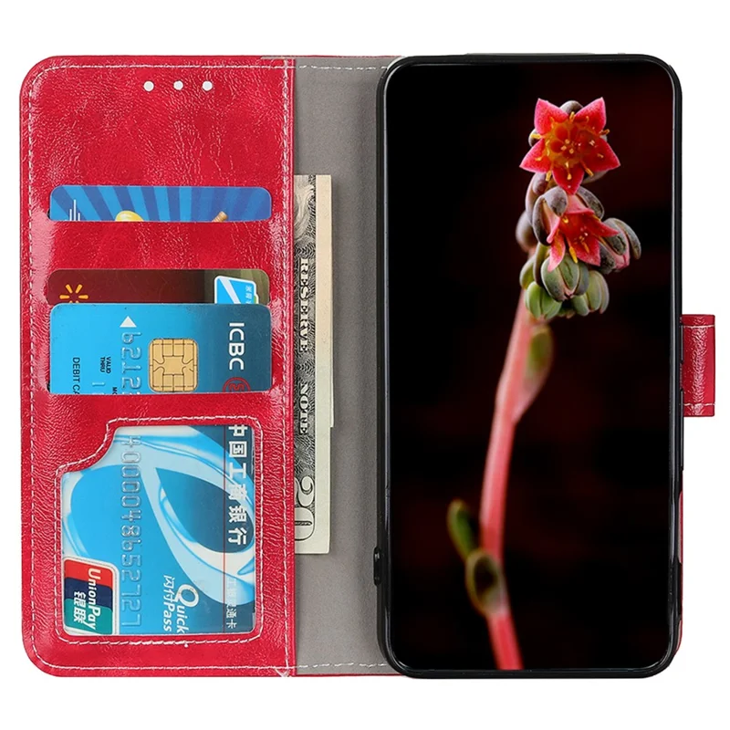 For Honor 90 Shockproof Case Crazy Horse Texture PU Leather Shell Stand Wallet Retro Phone Cover - Red