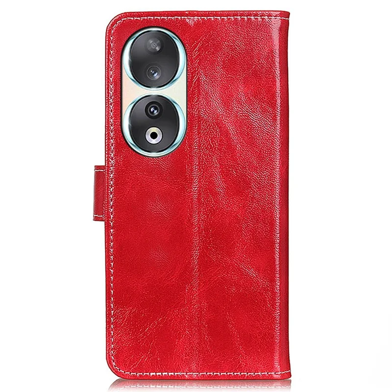 For Honor 90 Shockproof Case Crazy Horse Texture PU Leather Shell Stand Wallet Retro Phone Cover - Red