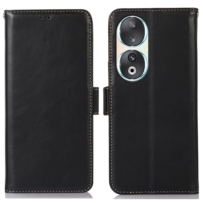 Genuine Cow Leather Wallet Phone Case for Honor 90 , RFID Blocking Phone Stand Cover - Black