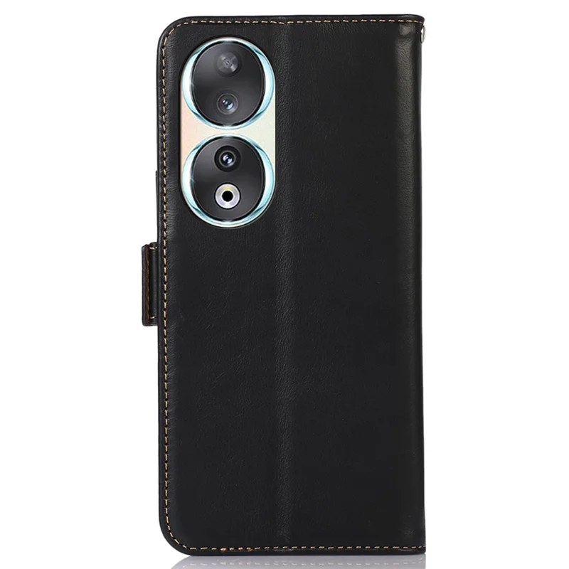Genuine Cow Leather Wallet Phone Case for Honor 90 , RFID Blocking Phone Stand Cover - Black