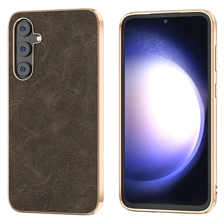 For Samsung Galaxy S23 FE Litchi Texture Electroplating Case PU Leather Coated PC+TPU Phone Cover - Khaki