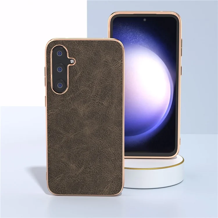 For Samsung Galaxy S23 FE Litchi Texture Electroplating Case PU Leather Coated PC+TPU Phone Cover - Khaki