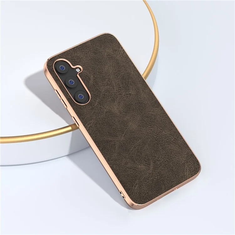For Samsung Galaxy S23 FE Litchi Texture Electroplating Case PU Leather Coated PC+TPU Phone Cover - Khaki
