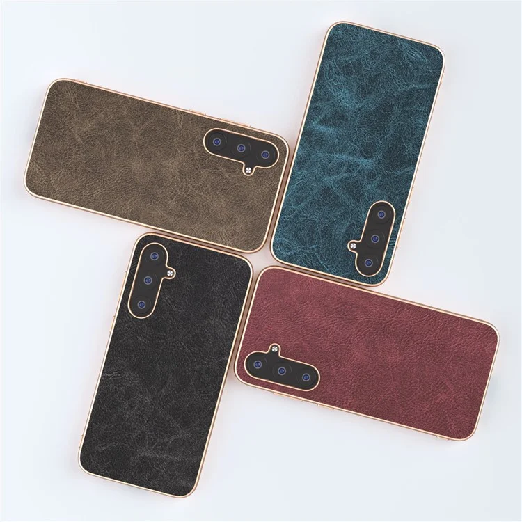 For Samsung Galaxy S23 FE Litchi Texture Electroplating Case PU Leather Coated PC+TPU Phone Cover - Khaki