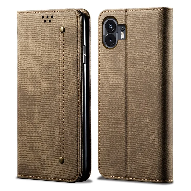 Pour Nothing Phone (2) Jeans Cloth Texture Flip Wallet Case PU Leather Protective Stand Cell Phone Cover - Khaki