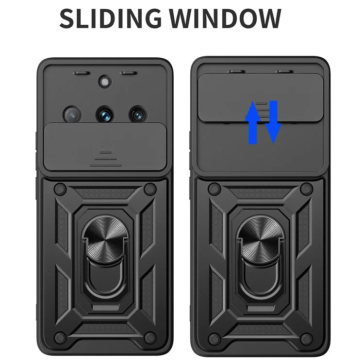 Slide Lens Protection Phone Case für Realme 11 Pro 5G / 11 Pro+ 5G, PC+TPU Ring Kickstand Cover - Schwarz