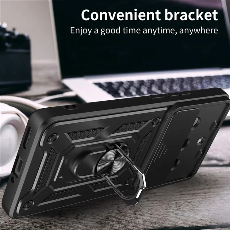 Slide Lens Protection Phone Case für Realme 11 Pro 5G / 11 Pro+ 5G, PC+TPU Ring Kickstand Cover - Schwarz