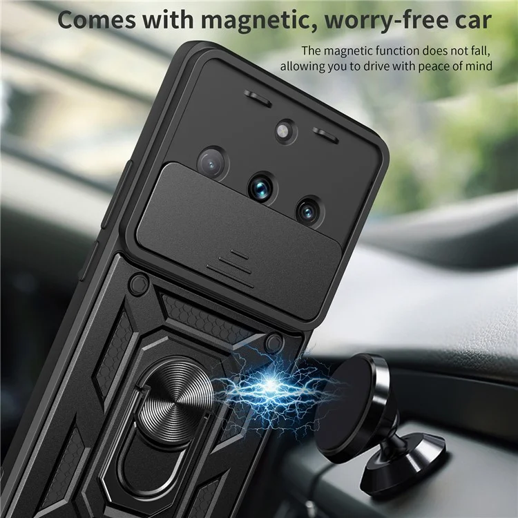 Slide Lens Protection Phone Case für Realme 11 Pro 5G / 11 Pro+ 5G, PC+TPU Ring Kickstand Cover - Schwarz