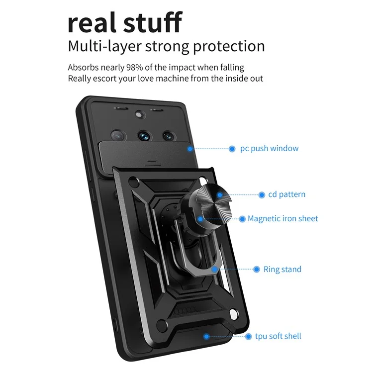 Case de Teléfono de Protección de Lente de Diapositivas Para Realme 11 Pro 5G / 11 Pro+ 5g, Pc+ Tpu Ring -kitstand Cover - Negro