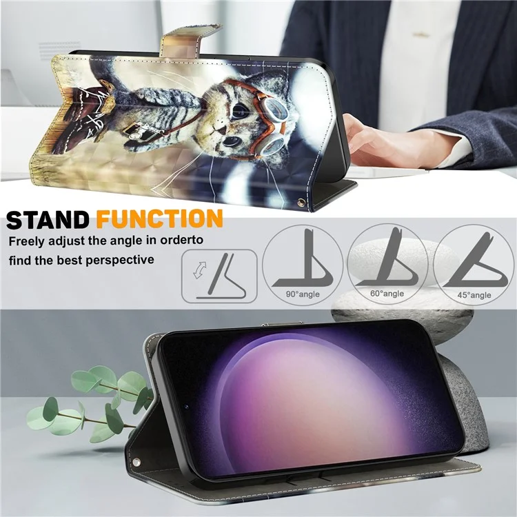 Pour Samsung Galaxy S23 FE Étui portefeuille en cuir PU Debout 3D Impression Folio Cover avec Sangle - Chat debout