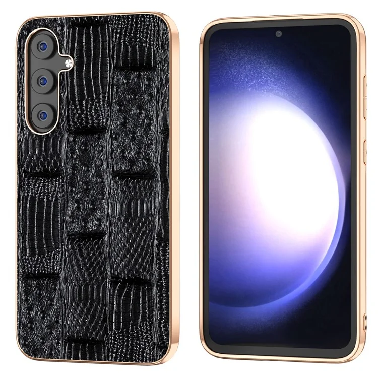 Für Samsung Galaxy S23 FE Mahjong Texture Phone Case Genuine Cowhide Leather+PC+TPU Electroplating Cover - Schwarz