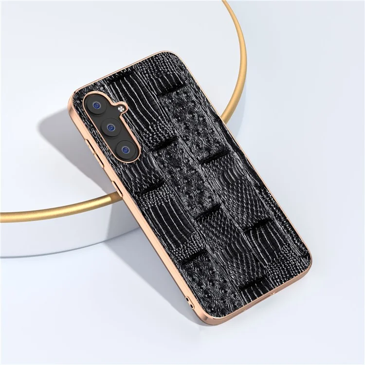 Für Samsung Galaxy S23 FE Mahjong Texture Phone Case Genuine Cowhide Leather+PC+TPU Electroplating Cover - Schwarz