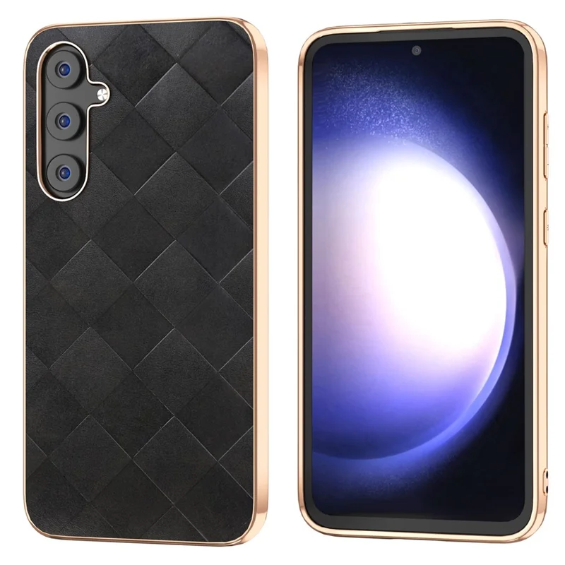 For Samsung Galaxy S23 FE Shockproof Grid Texture Phone Case Genuine Cowhide Leather+PC+TPU Electroplating Cover - Black