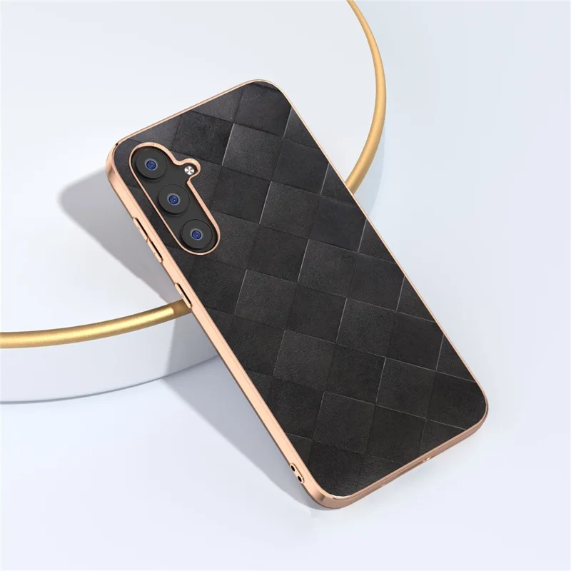 For Samsung Galaxy S23 FE Shockproof Grid Texture Phone Case Genuine Cowhide Leather+PC+TPU Electroplating Cover - Black