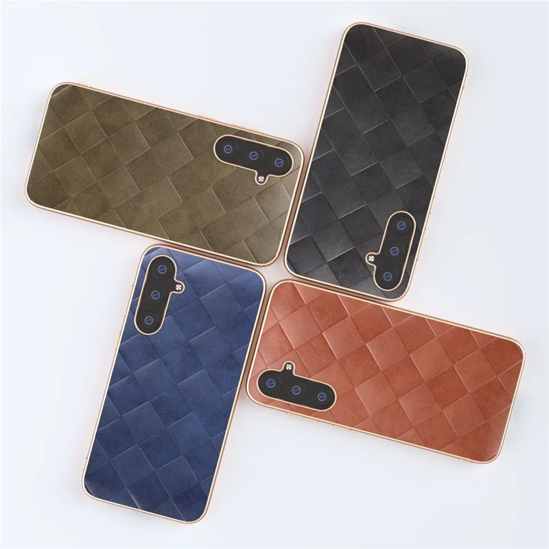 For Samsung Galaxy S23 FE Shockproof Grid Texture Phone Case Genuine Cowhide Leather+PC+TPU Electroplating Cover - Black