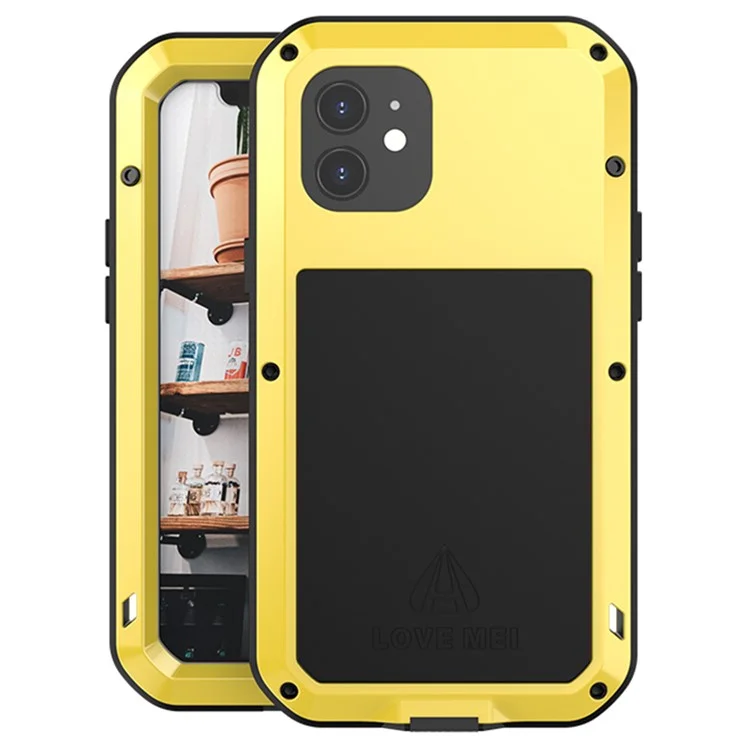 LOVE MEI Pour iPhone 12 Coque de protection intégrale en métal + silicone avec film en verre trempé - Jaune
