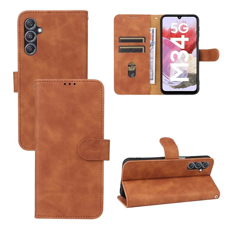 For Samsung Galaxy F34 5G / M34 5G Stand Skin-touch Phone Case Wallet PU Leather Full Protection Phone Cover - Brown