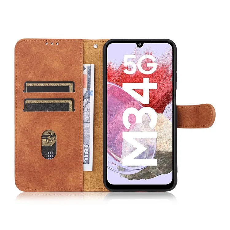 For Samsung Galaxy F34 5G / M34 5G Stand Skin-touch Phone Case Wallet PU Leather Full Protection Phone Cover - Brown