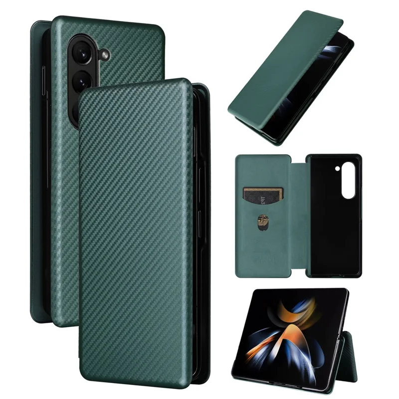 Per Samsung Galaxy Z Fold5 5G Custodia in Fibra di Carbonio con Supporto per Schede Custodia in Pelle Anti-Caduta Protezione per Telefono - Verde